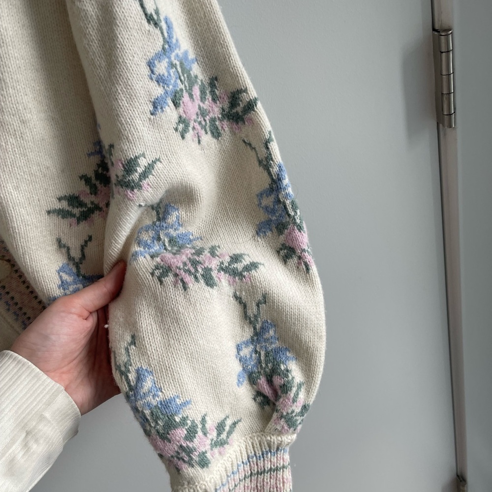 Love Shack Fancy Floral Knit Cardigan Sweater - White and Blue - Picture 7 of 8